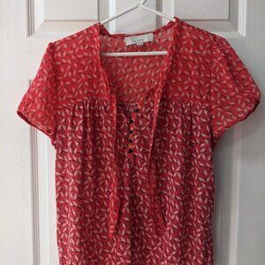 The Loft Short Sleeve Red Blouse with Bird Pattern